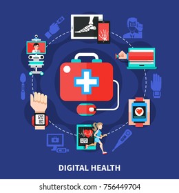 Digital Healthcare Symbols Flat Circle Composition With Mobile Medical Devices Measuring Body Functions And Parameters Vector Illustration 