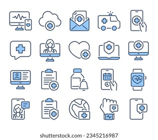 Digital healthcare and telemedicine blue editable stroke outline icons set isolated on white background flat vector illustration. Pixel perfect. 64 x 64.