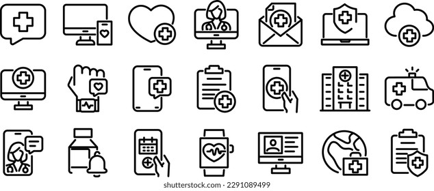 Digital healthcare and telemedicine editable outline icons set isolated vector illustration.