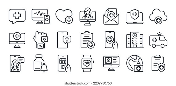 Digital healthcare and telemedicine editable stroke outline icons set isolated on white background flat vector illustration. Pixel perfect. 64 x 64.