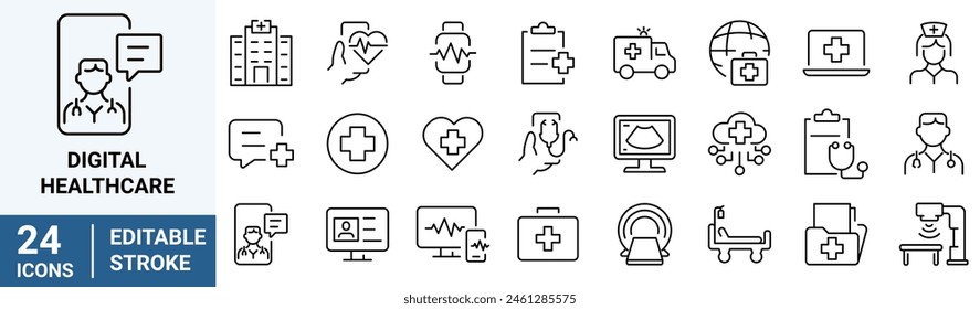 Digital healthcare and telemedicine web line icons. editable stroke. vector illustration. 