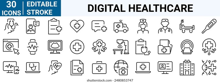 Digital healthcare and telemedicine web line icons. editable stroke. vector illustration. 