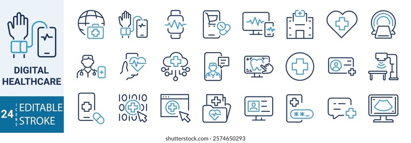 Digital healthcare and telemedicine web line icons. editable stroke. vector illustration. 