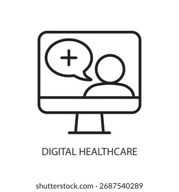 Ícones de vetor de linha fina da área de saúde digital.