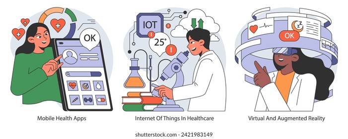 Trío de salud digital. Navegar por el bienestar con aplicaciones móviles, optimizar la atención a través de IoT, mejorar el tratamiento a través de AR. Ilustración vectorial plana.