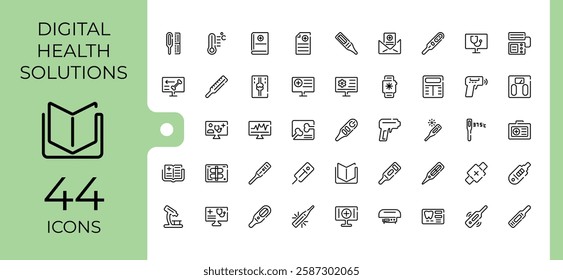 Digital Healthcare vector icon set. Featuring virtual, web, computer, diagnosis, care and more. Minimalistic icons. Editable stroke.