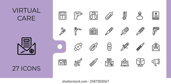 Digital Healthcare vector icon set. Featuring virtual, web, computer, diagnosis, care and more. Minimalistic icons. Editable stroke.