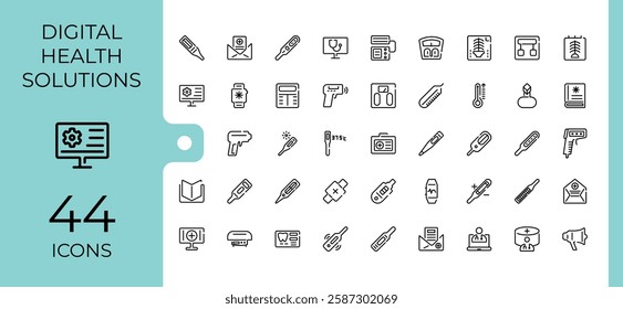 Digital Healthcare vector icon set. Featuring virtual, web, computer, diagnosis, care and more. Minimalistic icons. Editable stroke.