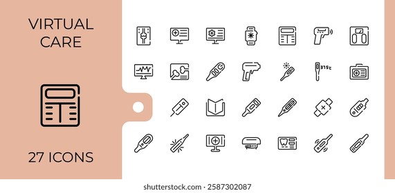 Digital Healthcare vector icon set. Featuring virtual, web, computer, diagnosis, care and more. Minimalistic icons. Editable stroke.