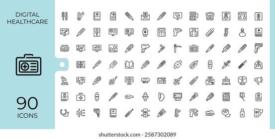 Digital Healthcare vector icon set. Featuring virtual, web, computer, diagnosis, care and more. Minimalistic icons. Editable stroke.