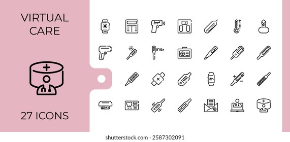 Digital Healthcare vector icon set. Featuring virtual, web, computer, diagnosis, care and more. Minimalistic icons. Editable stroke.