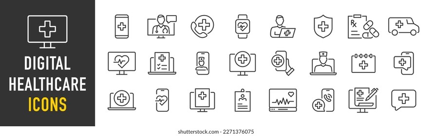 Digital Healthcare web icon set in line style. Online consultation, medical app, results, doctor appointment, health, lifestyle, collection. Vector illustration.