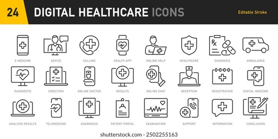 Digital Healthcare web icon set in line style. Online consultation, medical app, results, doctor appointment, health, lifestyle, collection. Vector illustration.	