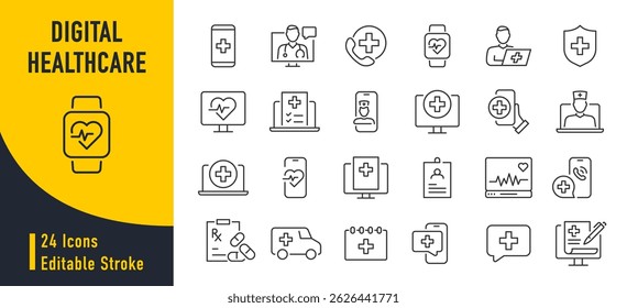 Ícone da Web Digital Healthcare definido no estilo de linha. Consulta on-line, aplicativo médico, resultados, consulta médica, saúde, estilo de vida, coleção. Ilustração vetorial.	