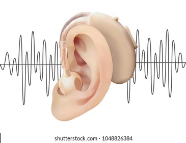 Audición digital detrás de la oreja, sobre el fondo del diagrama de ondas sonoras. Tratamiento y prótesis de la pérdida auditiva en la otolaringología. Ilustración vectorial realista. Medicina y salud.