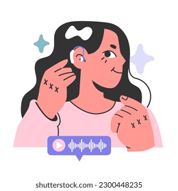 Digital hearing aid. Neuroprosthesis to a deaf person. Hearing loss treatment and prosthetics with electrical stimulation of the auditory nerve. Inclusion and diversity. Flat vector illustration