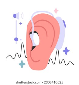 Digital hearing aid. Neuroprosthesis to a deaf person. Hearing loss treatment and prosthetics with electrical stimulation of the auditory nerve. Inclusion and diversity. Flat vector illustration