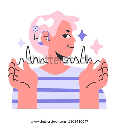 Digital hearing aid. Neuroprosthesis to a deaf person. Hearing loss treatment and prosthetics with electrical stimulation of the auditory nerve. Inclusion and diversity. Flat vector illustration