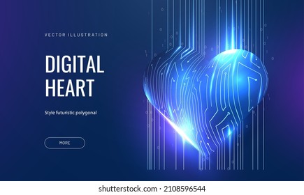 Digital Heart Glows In A Futuristic Style. 3d Model With A Board Texture, A Postcard As A Symbol Of Love For The Holidays Of Valentine's Day