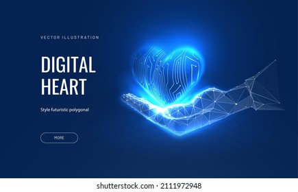 Digital heart glows in a futuristic style. 3d model with board texture, postcard as a symbol of Charity and technological assistance