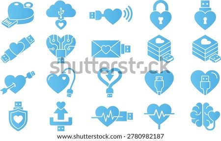 Digital heart icons with usb connections, symbolizing love, connection and data transfer.