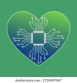 Digital heart with integrated circuit and circuit board pathways, symbolizing technology and love