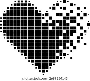 Forma de corazón digital compuesta de cuadrados rojos (píxeles) sobre un fondo blanco. El corazón está en el proceso de desintegración o disolución en píxeles individuales en el lado derecho, representando el concepto