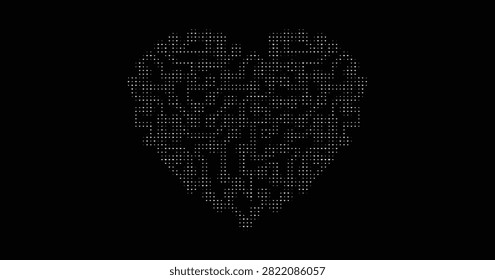 Digital heart shape made of binary code on black background