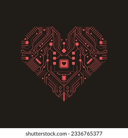 Digital heart stylized as an computer electronic microcircuit pattern with chip tracks.
