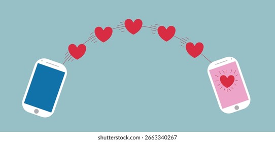 Digital hearts connect two phones, symbolizing online dating and love.