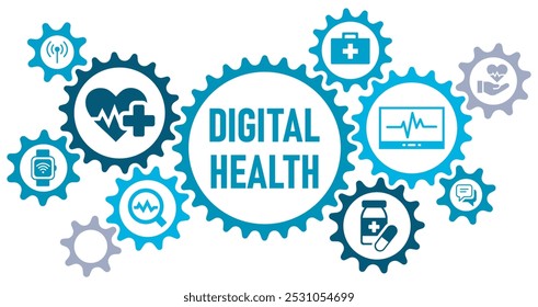 Digital heath concept banner website icons vector illustration concept with icons of telemedicine, digital, interconnected, control, diagnosis, communicate, chat, healthcare, on white background,