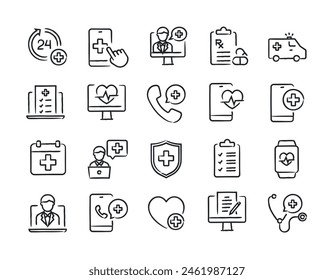 Digital heatlhcare hand drawn doodle sketch style line icons. Vector illustration.