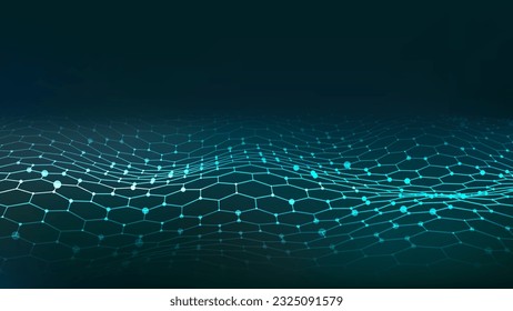 Digital hexagon dynamic wave of particles. Vector abstract blue futuristic background. Big data visualization.