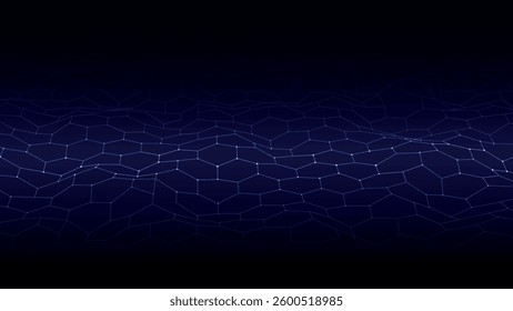 Digital hexagon dynamic wave of particles. Abstract blue futuristic background. Big data visualization. Vector illustration.