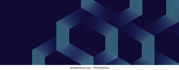 Digital hexagonal blue abstract background. Digital futuristic technology concept with hexagons. Geometric stripe line art design for poster, brochure, cover, banner, website, header