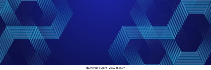 Digital hexagonal blue abstract background. Digital futuristic technology concept with hexagons. Geometric stripe line art design for poster, brochure, cover, banner, website, header.