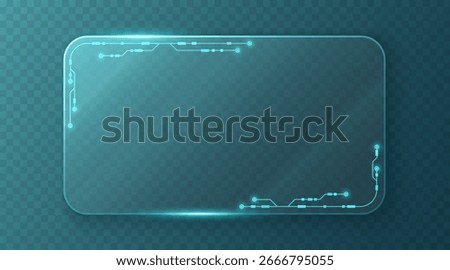Digital high tech glass card with glowing circuit lines and electronic elements on blue transparent background. Futuristic empty panel for UI and GUI design. Vector illustration.