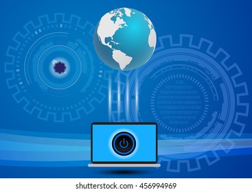 Digital high technology communication concept with globe and computer notebook online over abstract blue data background vector illustration design