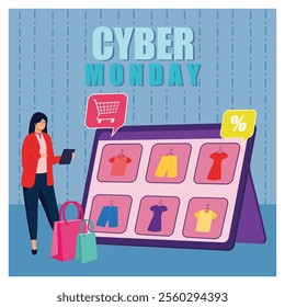 Digital highlighting Cyber Monday, featuring online shopping for clothes, discounts, and a shopper holding a tablet amidst shopping bags. Flat vector modern illustration 