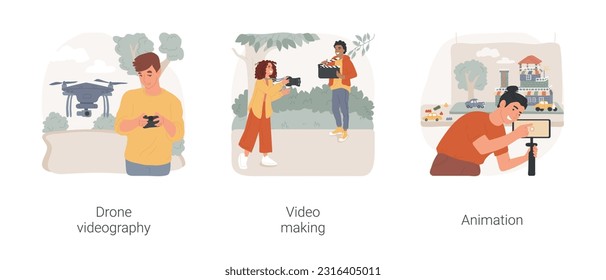 Digital hobby isolated cartoon vector illustration set. Drone videography, using remote controller, video making, filming with professional camera, create animation with smartphone vector cartoon.