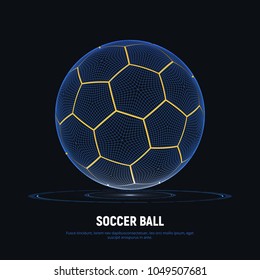 Digital hologram of soccer ball with hud elements. Futuristic football. Wireframe mesh of soccer ball with yellow lines. High tech background on sports. Data Visualization. Vector illustration.