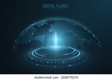 Digital holographic dot world map with HUD elements. Earth globe hologram. Futuristic planet Earth in cyberspace with light effects. Vector illustration. EPS 10