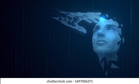 Digital Holographic Hand Touches A Face, Virtual Person, Technology, Artificial Intelligence