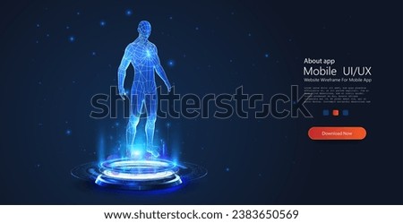 Digital Holographic Human Anatomy Scan Displayed on Futuristic Interface Platform in Deep Blue Cosmos. Sci-fi healthcare banner - stage and 3D human hologram. Vector illustration