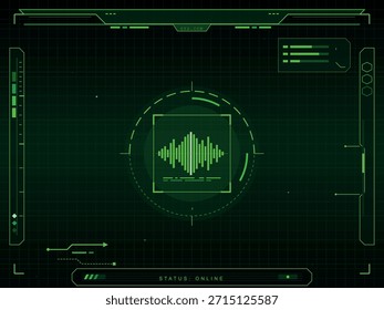 Uma interface holográfica digital exibe uma visualização de onda de som verde dentro de um retículo de segmentação, definido contra um fundo de grade.