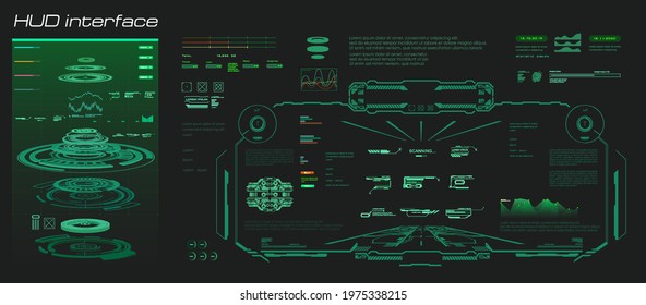 Digital holographic panel or HUD user interface for video games. Virtual interface design with frame, data and information. HUD game interface graphic design