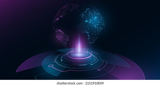 Digital holographic planet Earth with HUD elements. Globe hologram. Futuristic planet in cyberspace with light effects. Technology background. Vector illustration. EPS 10