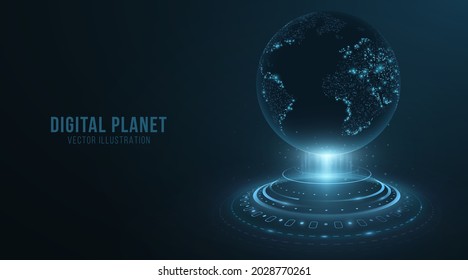 Digital holographic planet with HUD elements. Earth Globe hologram. 3D futuristic dot world map in cyberspace with light effects. Vector illustration. EPS 10