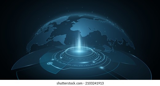 Digital holographic world map with HUD. Earth globe hologram. Futuristic planet in cyberspace with light effects. Global network. Technology background. Vector illustration