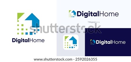 Digital home logo, Home digital logo, Smart house logotype, Pixel house logo sign, Home tech combination with icon pixel, Database server, Media house vector, Home building consultation logo.